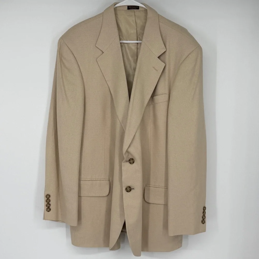 Oscar de la Renta Mens 46R Blazer Sport Coat 100% Silk Tan Beige 2 Button Jacket